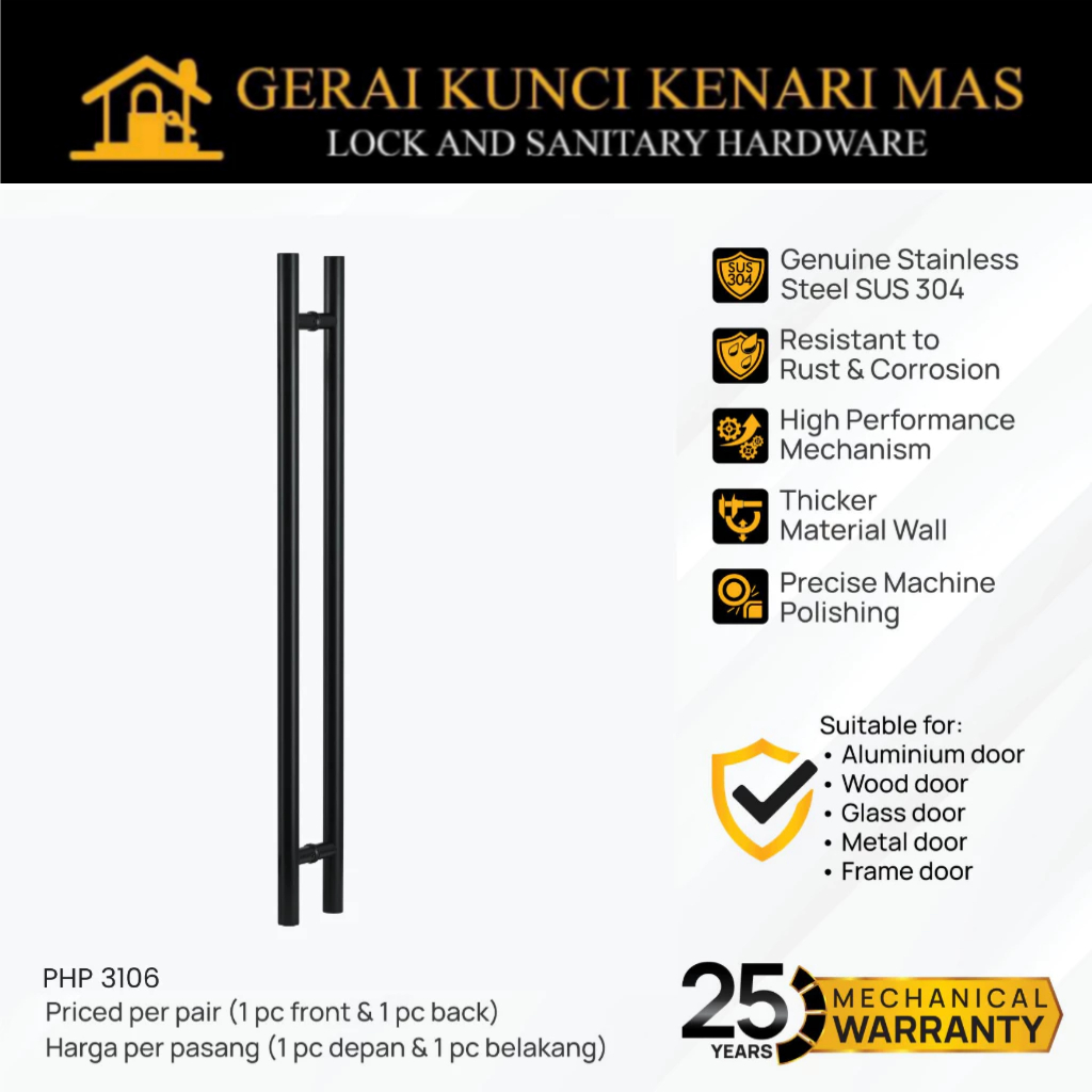 PALOMA PHP 3106 Gagang Tarikan Pintu Door Pull Handle 120cm/1,2m Stainless Steel SUS 304 Matte Black