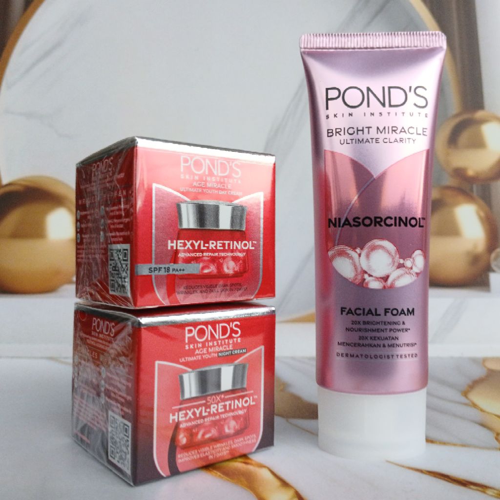 1 paket ponds age miracle cream day,night,facial foam 50ml
