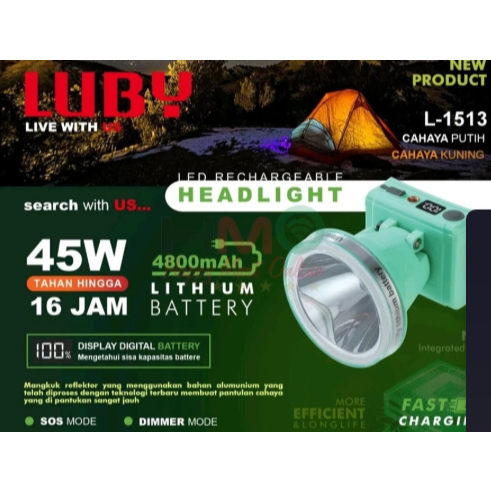 LUBY Senter Kepala Anti Air 1513 45 W Cahaya Putih Kuning Headlamp 45 Watt Luby L-1513 45Watt 45W