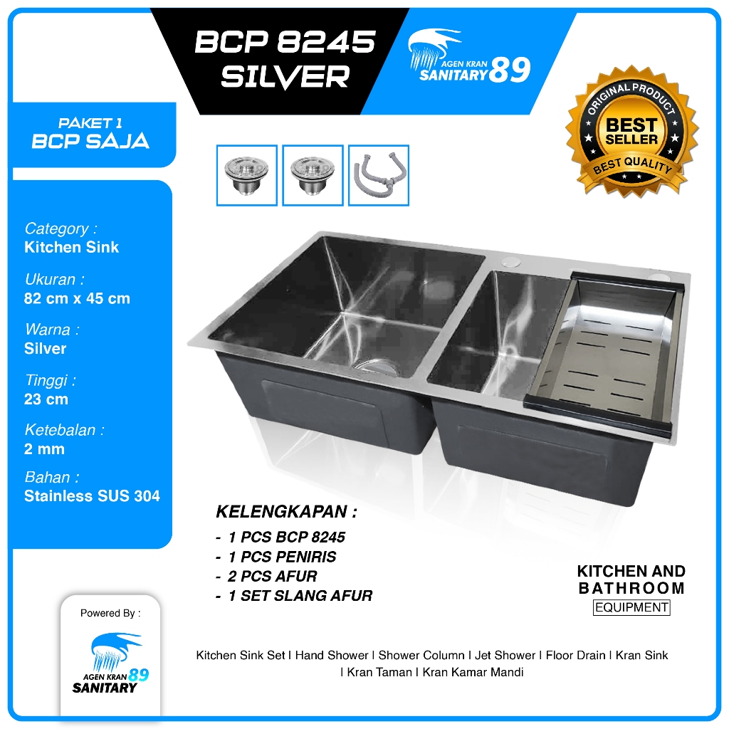 WASTAFEL CUCI PIRING/WASTAFEL CUCI PIRING STAINLESS/BAK CUCI PIRING DUA LUBANG 8245 (SILVER)/BAK CUC