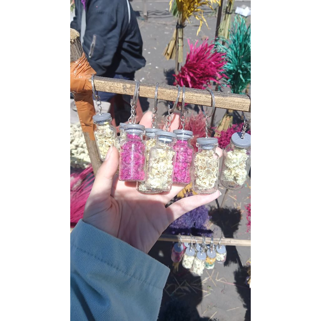 RS keychain edelweis tutup karet / gantungan kunci bunga kering / botol kaca / souvenir pernikahan /