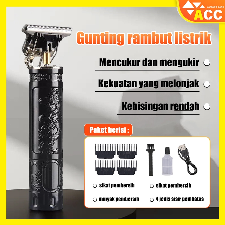 ACC Cukur Rambut Elektrik Tanpa Kabel Rechargeable Model Naga T9 – Sisir Batas 4 Ukuran 1.5-4mm, Bat