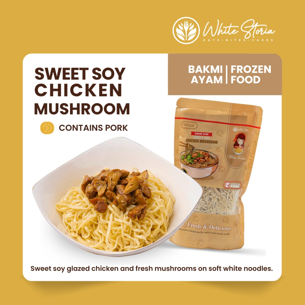 

WHITE STORIA - Bakmi Ayam Frozen Premium - White Noodles Sweet Soy Chicken Mushroom - CONTAINS PORK