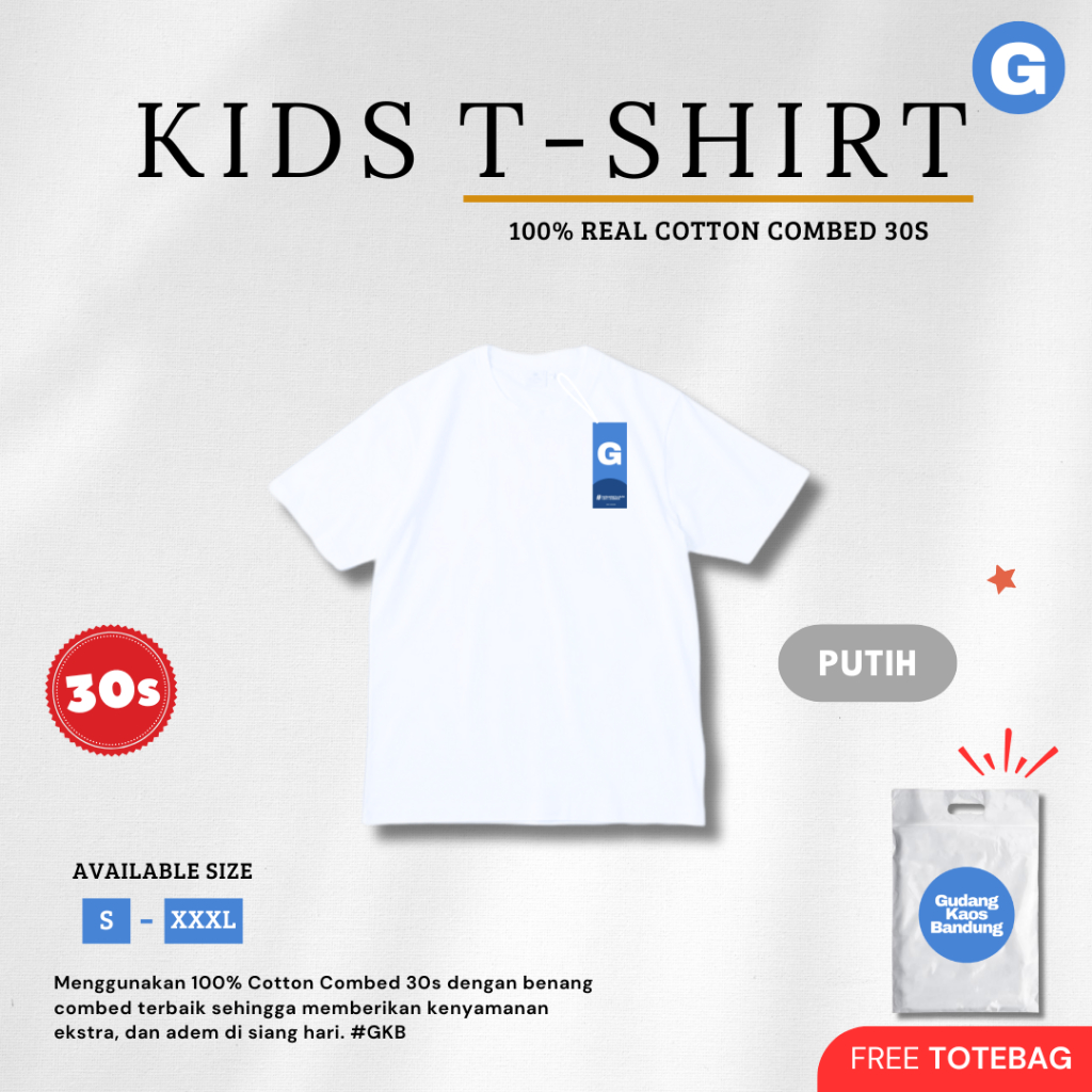 KAOS POLOS ANAK PUTIH 2-12 TAHUN LAKI LAKI PEREMPUAN COMBED 30S NYAMAN