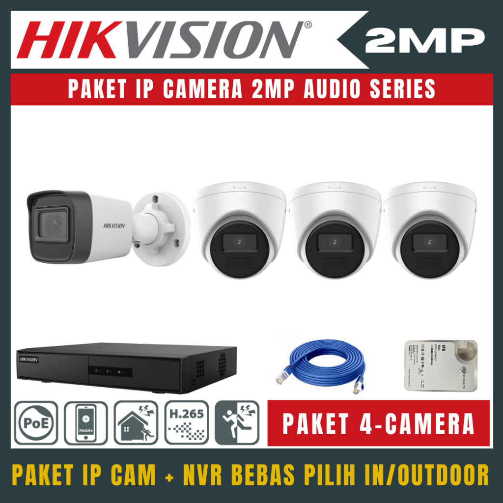 PAKET CCTV HIKVISION 2MP IP CAMERA 4 CHANNEL 4 KAMERA