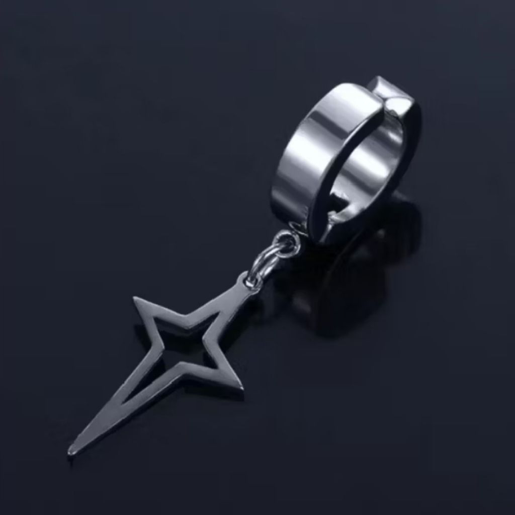 Anting Pria Wanita Stainless Steel Titanium – Anting Korea Bintang Feather Hoop Earring Fashion Kpop