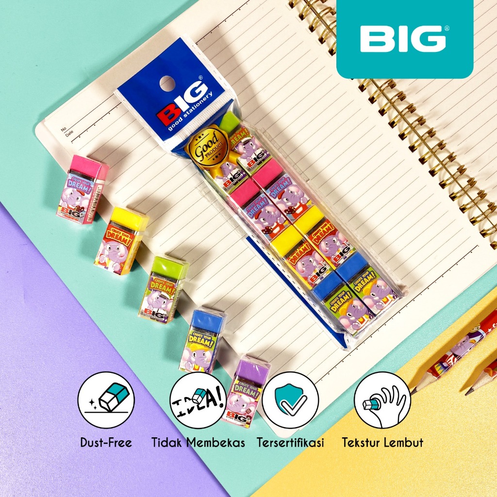 

8 Pcs BIG Penghapus / Eraser Pensil Warna Warni Kecil Dust Free Bum E Elephant Series ER-9403BUME