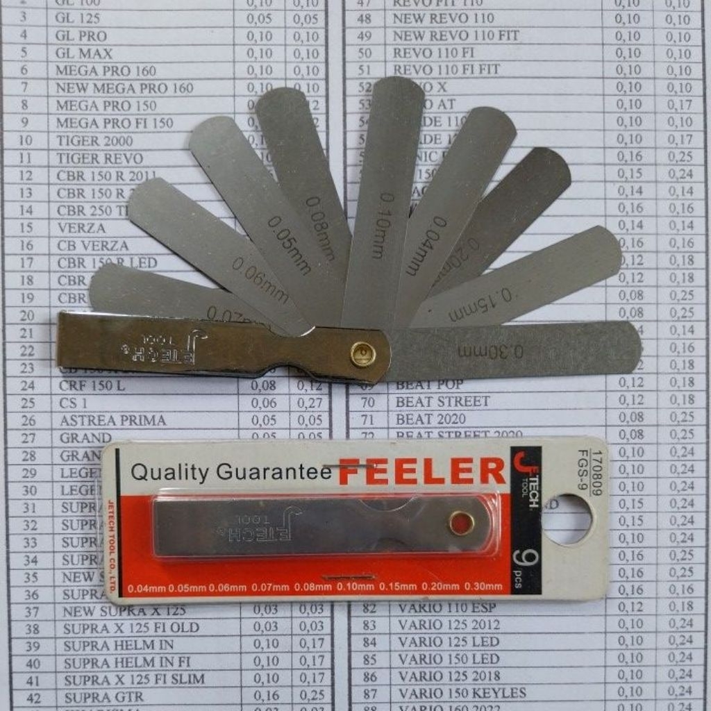 JETECH ISI 9 PCS FEELER GAUGE/PULLER STEL KLEP SEPEDA MOTOR BONUS TABEL UKURAN CELAH KLEP