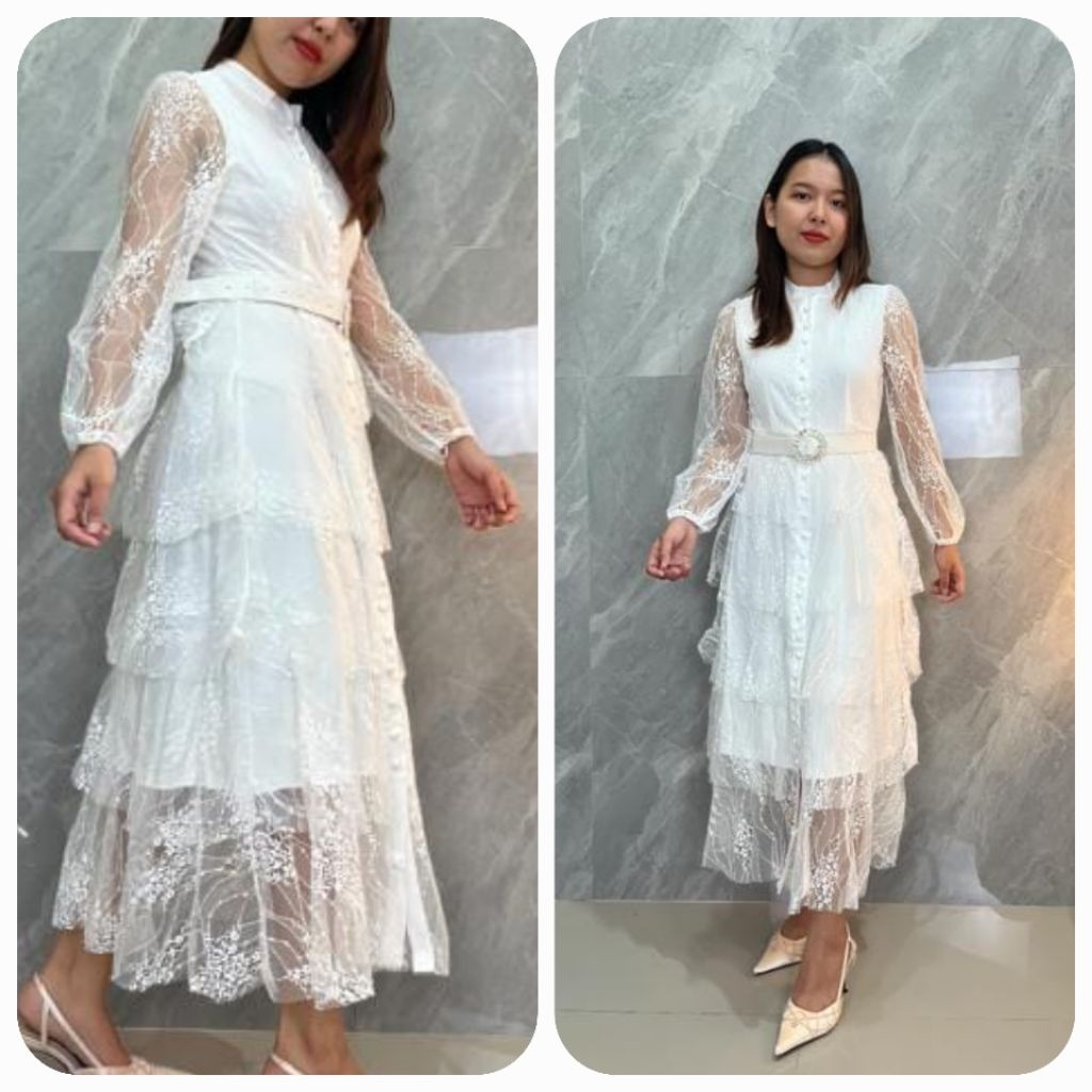 Dress Turkis Putih Lengan Panjang 7987/Dress Pesta/Dress Kondangan RumahButikBellicia