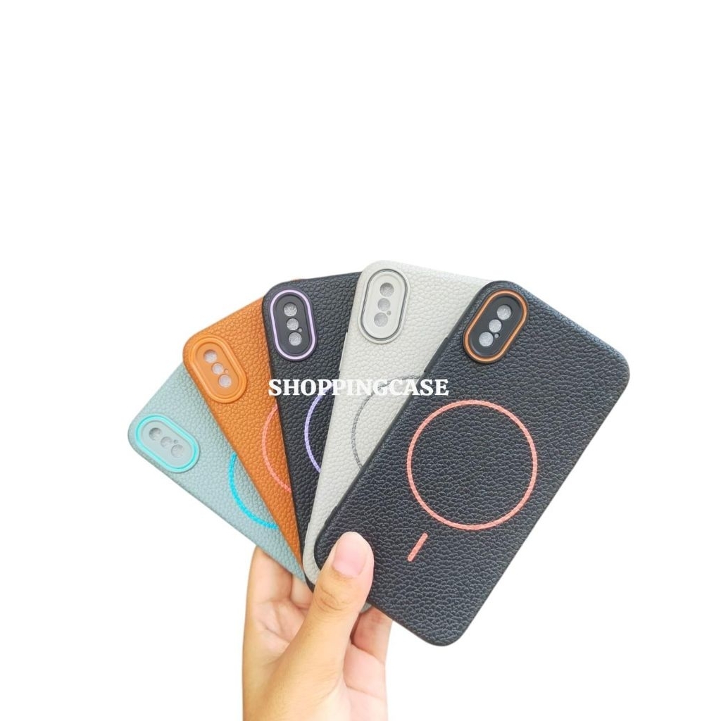 LYCHEE PATTERN CASE MAGSAFE KULIT IPHONE X XS XR LEATHER CASE MAGNETIC PELINDUNG LENS PROTECTOR TPU 