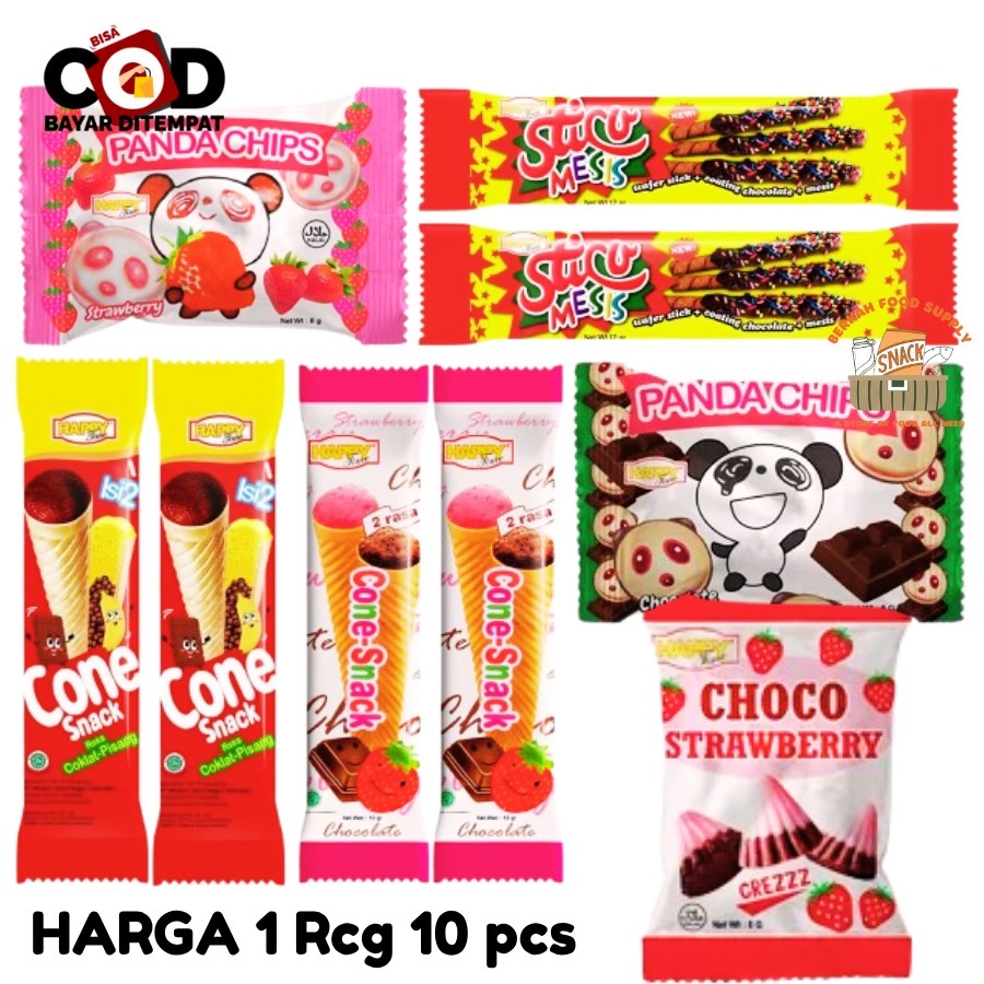

[BERKAH]Happy Time Cone Snack Coklat Pisang Strawberry 7gr x 10pcs Panda Chips Cokelat Stroberi Chocho Strawberry Sticu Meses Wafer Stick All Varian Jajanan Jadoel Snack Ringan Snack Cemilan Anak Murah Halal