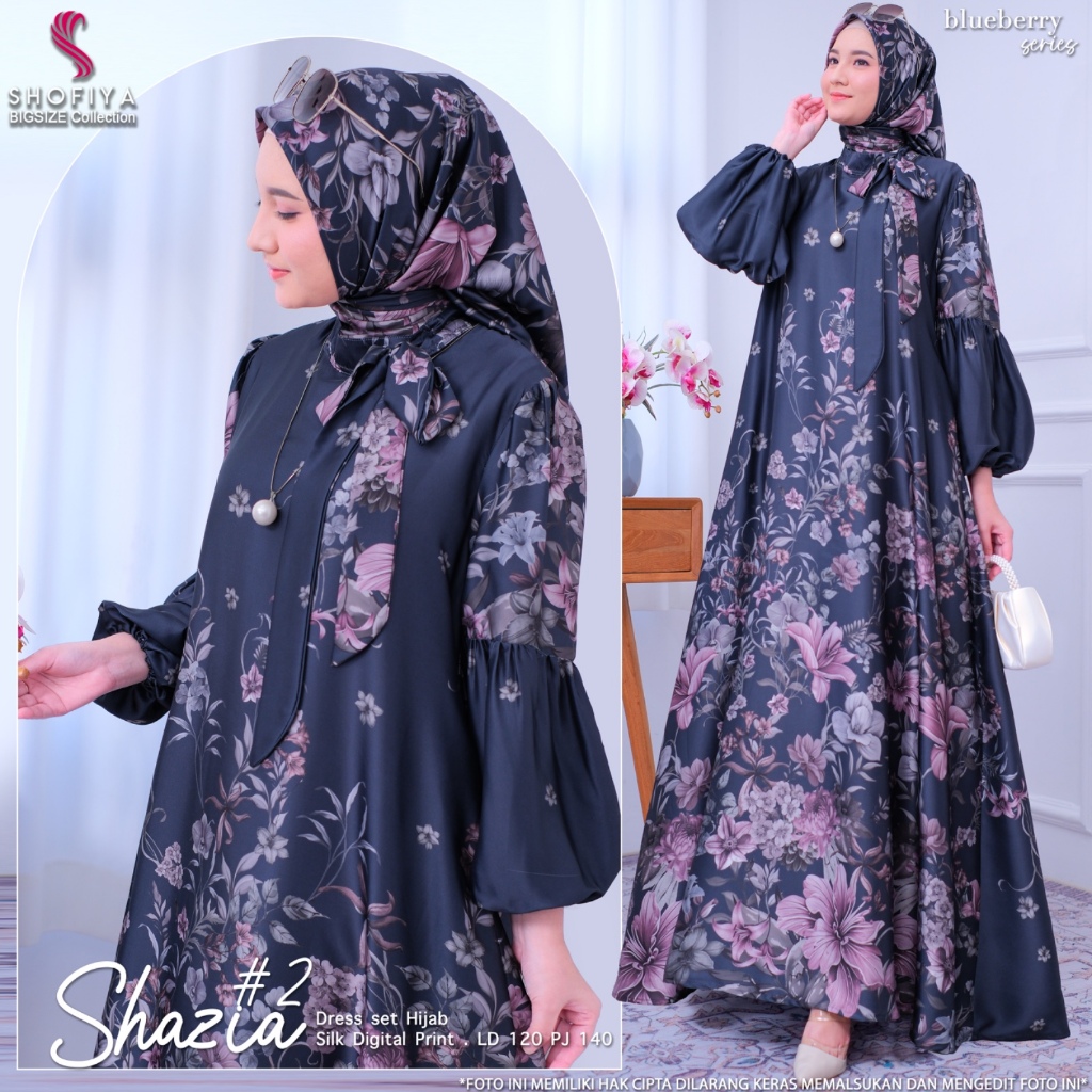 Shazia dres set hijab muslimah jumbo ld 120 silk diqital print gamis maxy baju setelan jilbab bunga