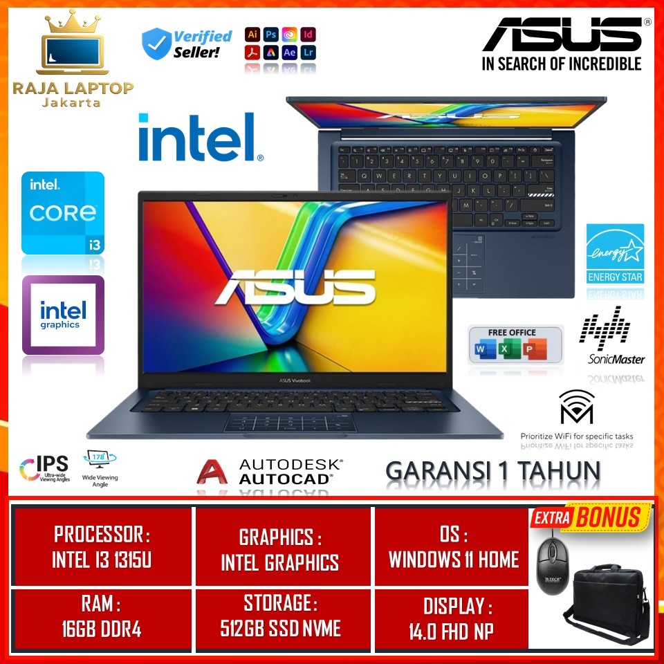 Laptop Baru Asus Vivobook 14 X1404VA Core I3 1315U Ram 40GB Ssd 1TB FHD Numberpad blue terlaris