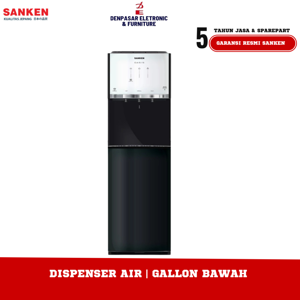 Sanken Dispenser Galon Bawah HWD-L131G-BK Oasis Tempered Glass
