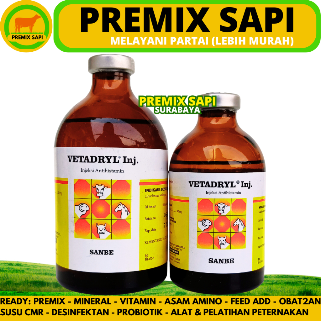 VETADRYL INJEKSI 50ml & VETADRYL 100ml - Obat Antihistamin Hewan Sapi Kuda Domba Kambing Babi Anjing