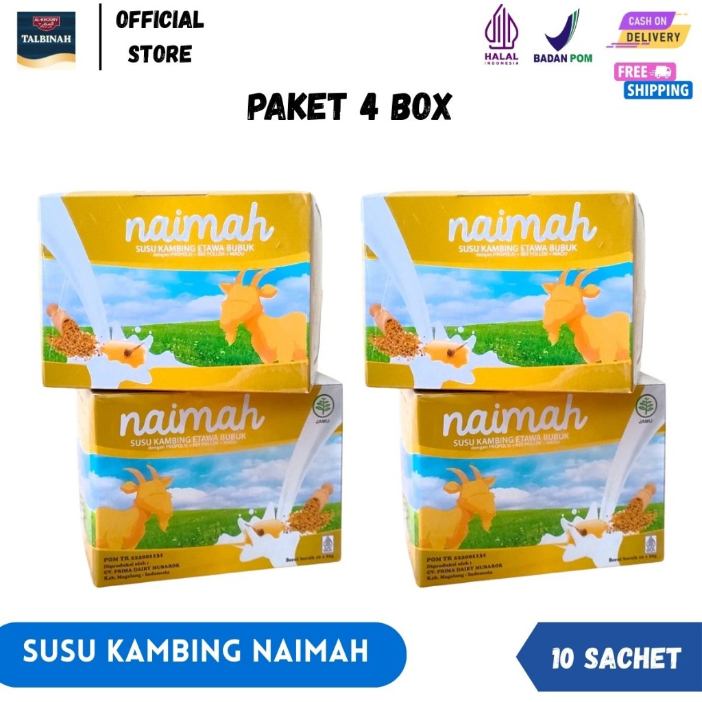 

NAIMAH 4 BOX - Susu Kambing Etawa Bubuk Propolis Bee Pollen Kemasan Baru Susu Naima Original BPOM