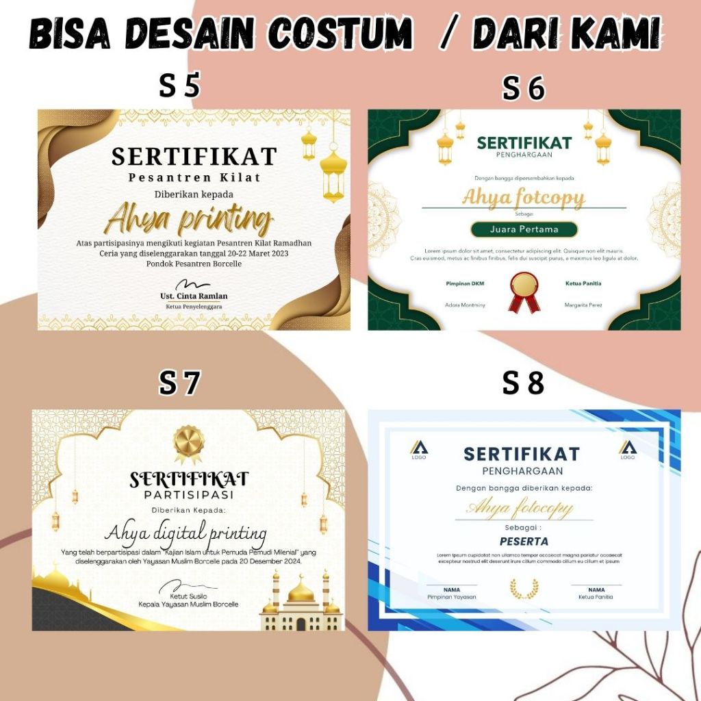 

Cetak Sertifikat/Piagam Full Color Ukuran A4 (21 X 30) Costum Sudah Laminating