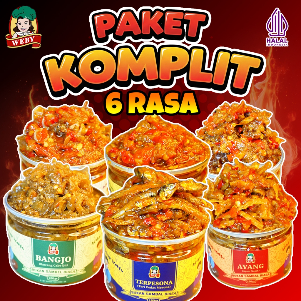 

Sambal Weby - Paket Komplit 6 Varian Rasa Sambal - Sambal Ayam Suir, Sambal Cumi, Sambal Daging, Sambal Cabe Ijo, Sambal Bawang, Sambal Teri isi 150 gr