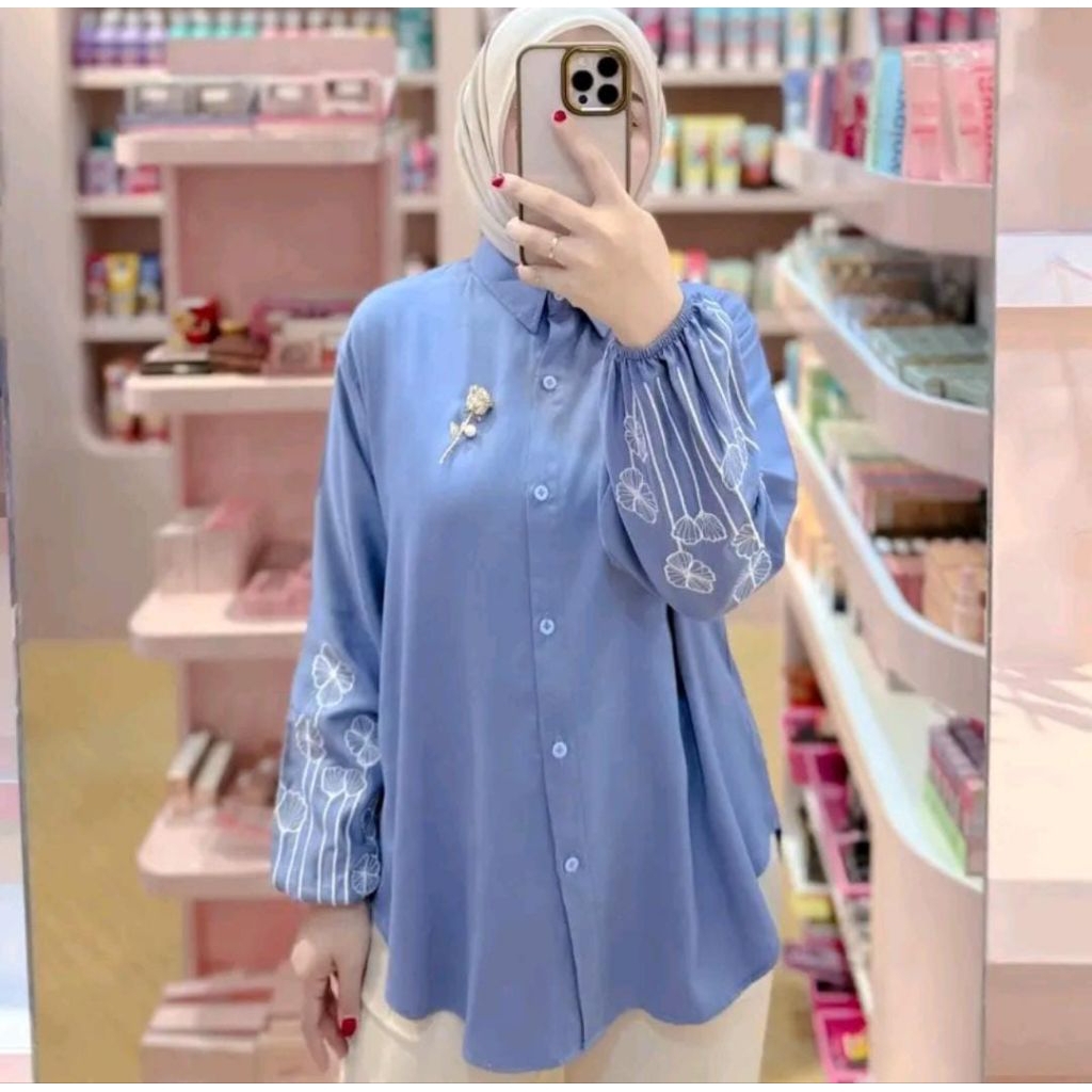 Kemeja Wanita Lyvia Rayon Twill Premium Motif Bordir Bunga