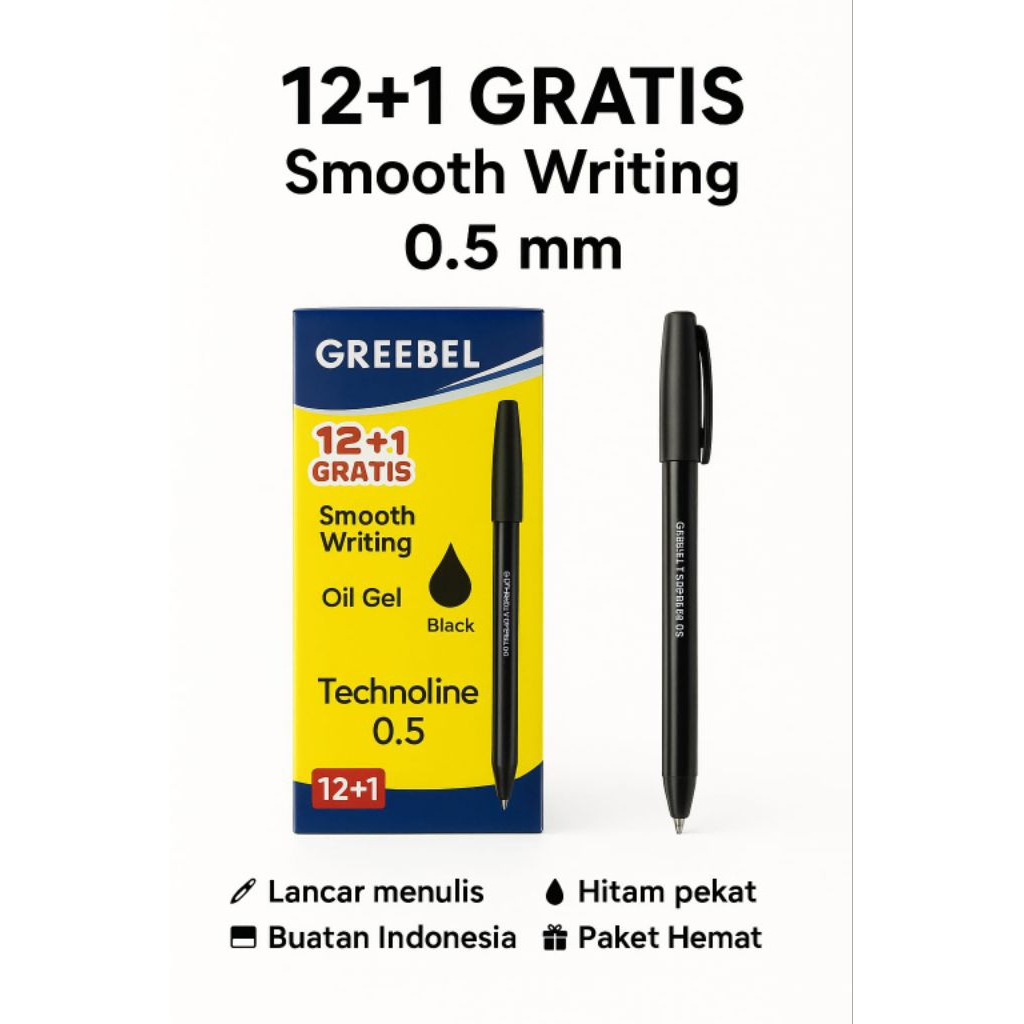 

Pulpen Greebel Technoline 0.5 Black Oil Gel – Paket 12+1 Gratis | Pulpen Halus Murah