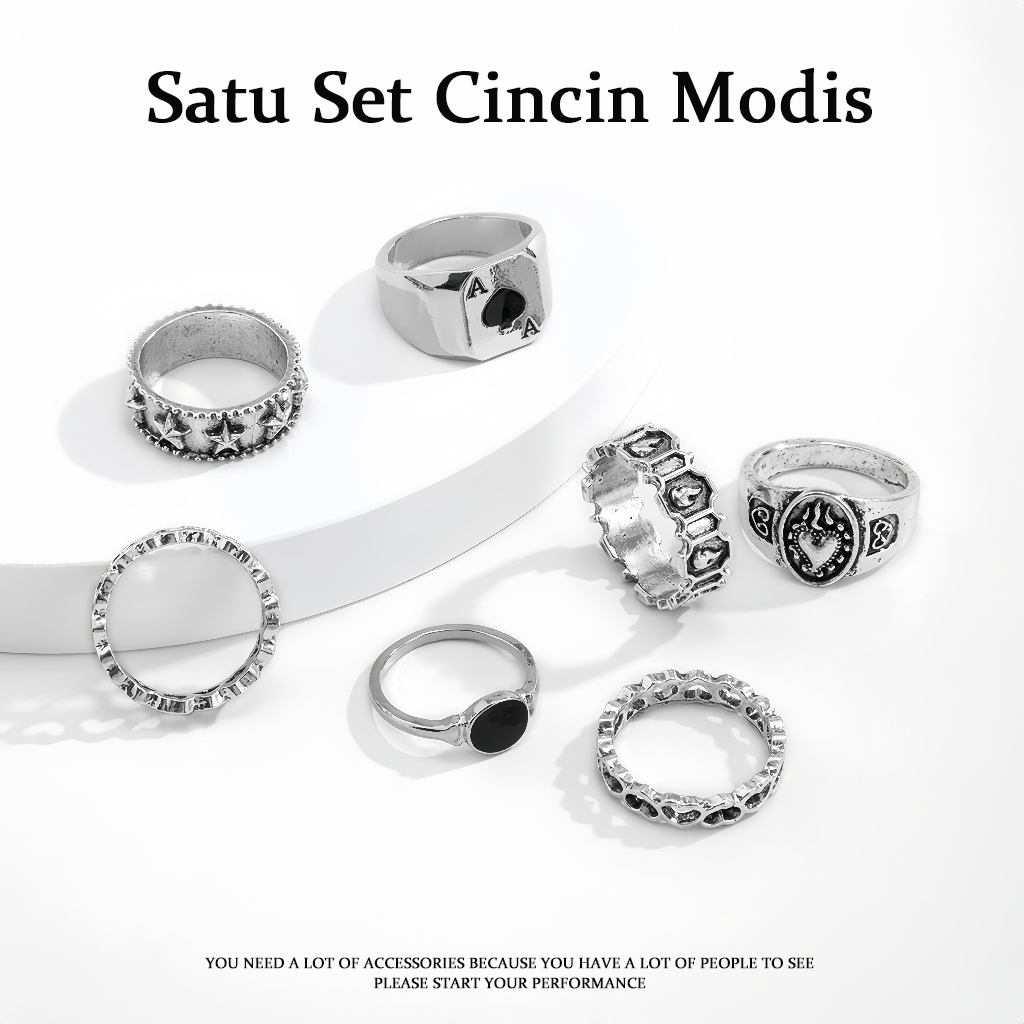 COD 7 pcs Cincin Tidak Beraturan Retro Pria Ring Geometri Unisex Alloy Gold Silver Classy Set Cincin