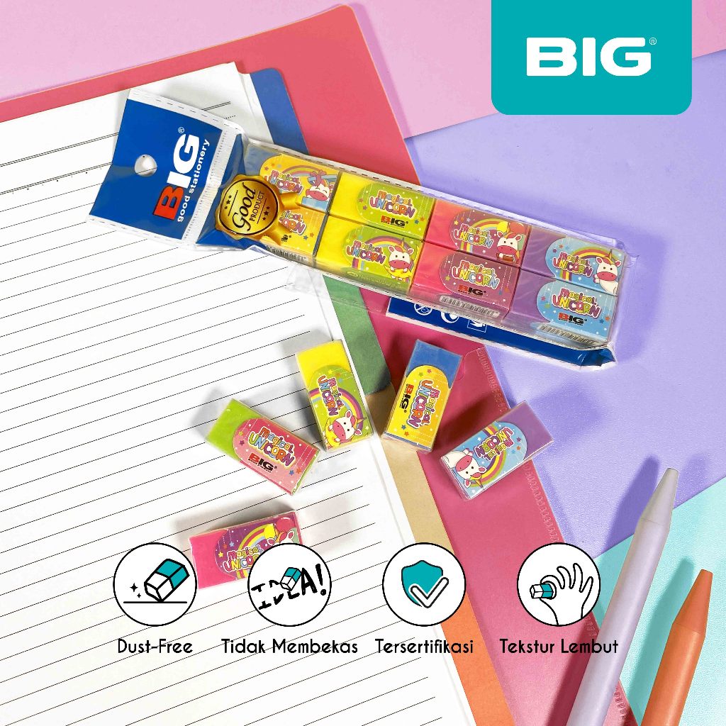 

8 Pcs BIG Penghapus / Eraser Pensil Warna Warni Kecil Dust Free Unicorn Series ER-9403U