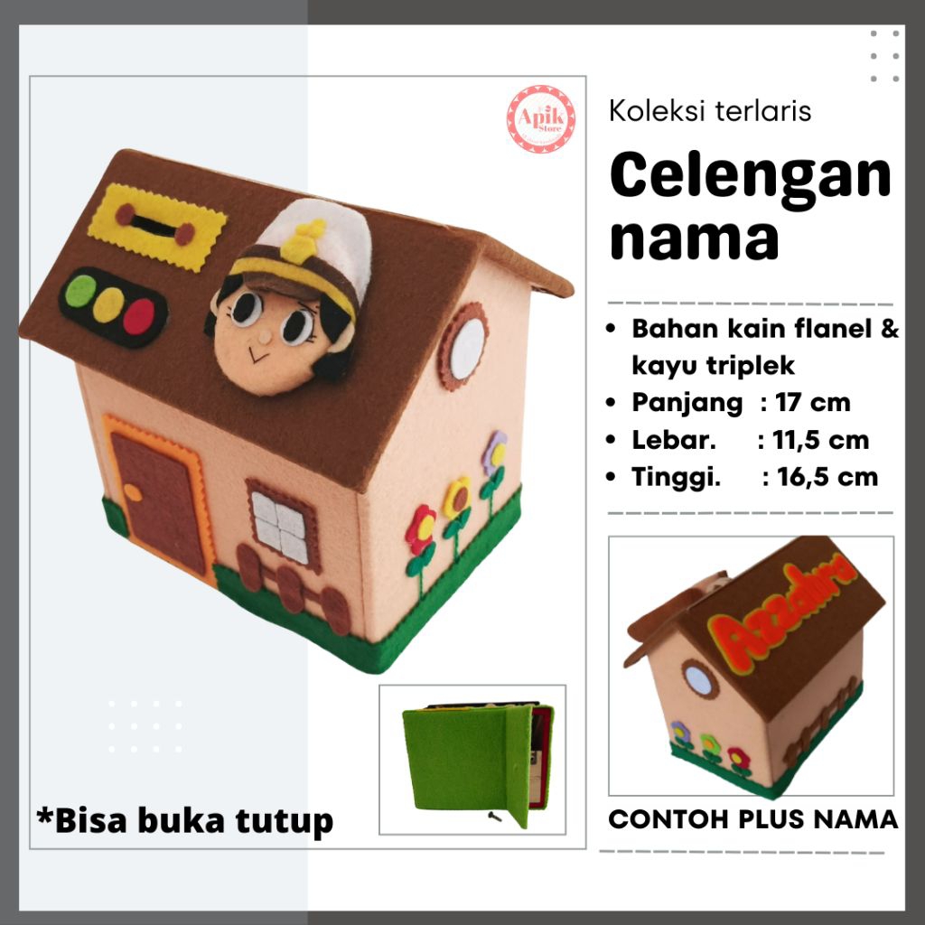 Celengan Custom Nama Anak Karakter Lucu Bisa Buka Tutup Terbuat Dari Kain Flanel Bentuk Rumah Ukuran