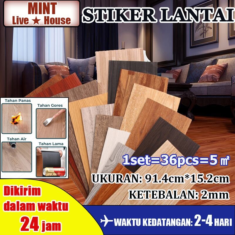 PVC lantai vinyl (1box 36 Pcs) 91.4 cm X 15.2 cm lantai vinyl Vinyl Floor Sticker Lantai Kayu Stiker