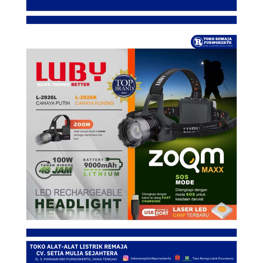 Senter Kepala ZOOM 2926L Cahay Putih 100 Watt Luby SNI