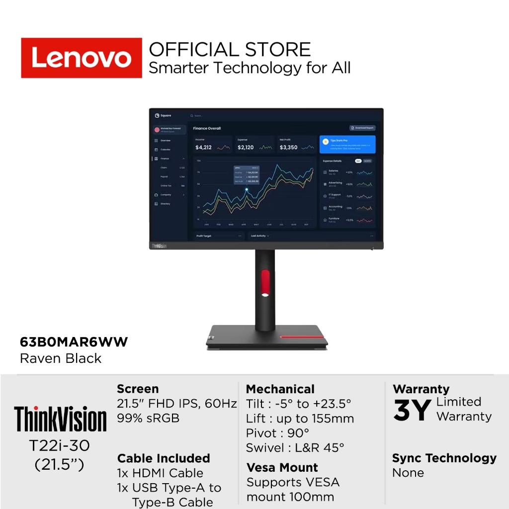 Lenovo ThinkVision T22i-30 Monitor 21.5" FHD IPS 60Hz Anti-glare 99% sRGB Tilt, Swivel, Pivot, Heigh