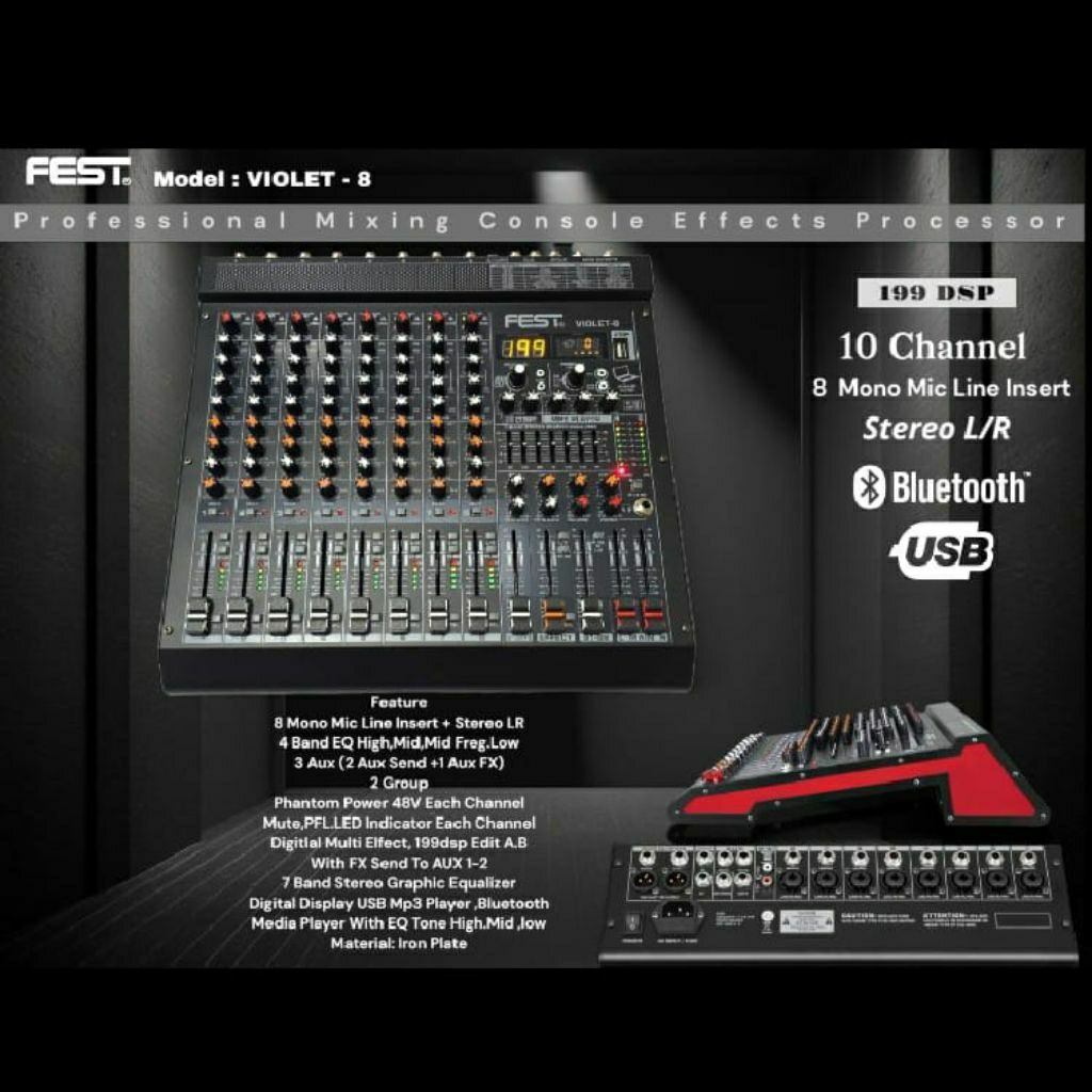 Mixer Fest violet 8 original 10channel + stereo L R channel bluetooth