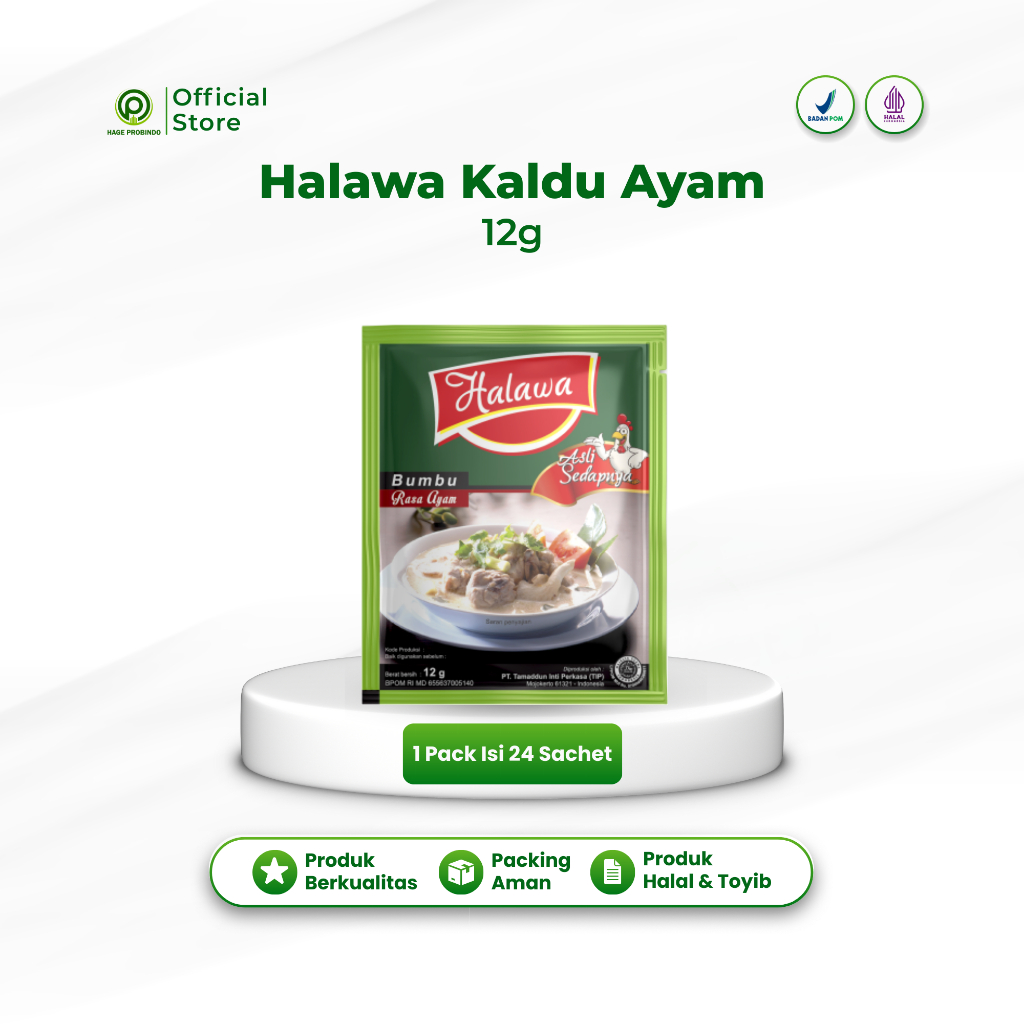 

Halawa Bumbu Probiotik 1 Pack (Isi 24 Sachet) Kaldu Ayam 12g | Bumbu Masak HALAL & BPOM