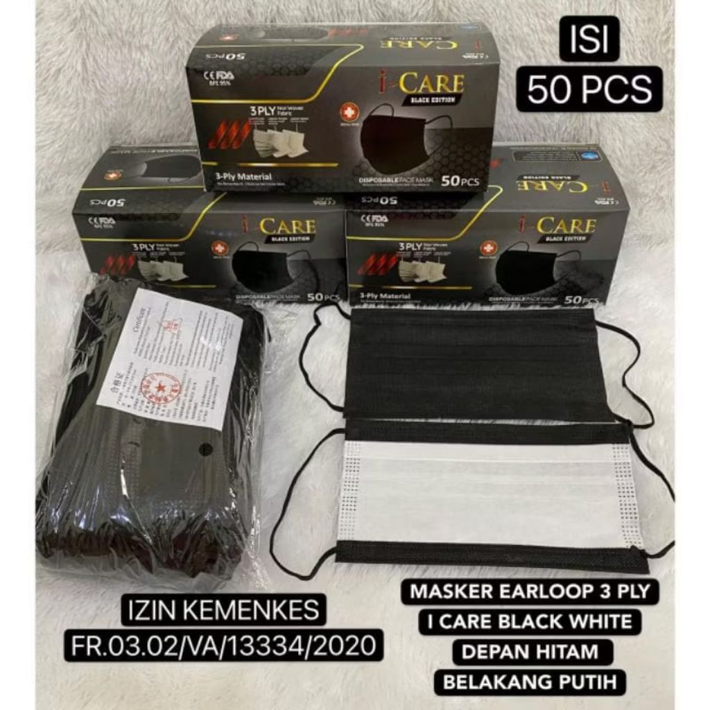 READY MASKER EARLOOP 3 PLY ICARE HITAM DALAM PUTIH BOX EMBOS I CARE