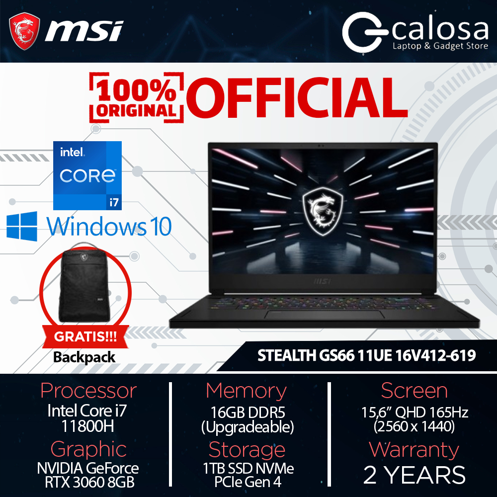 LAPTOP GAMING MSI STEALTH GS66 11UE 9S7 16V412 619 I7 11800H RTX3060 16GB RAM 1TB SSD Win 10