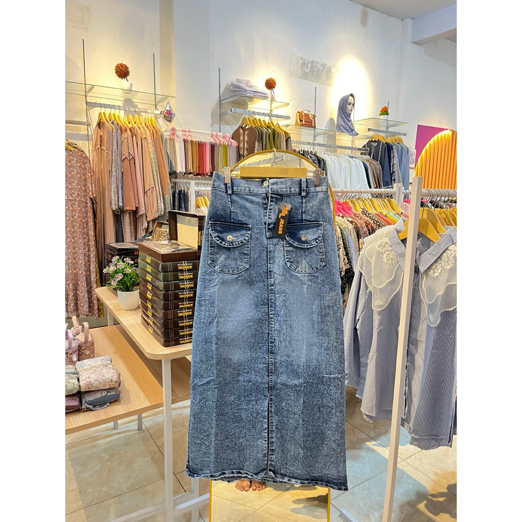 Rok Jeans Wanita/ Rok Jeans Panjang/ Rok Kekinian/ Rok Wanita Span