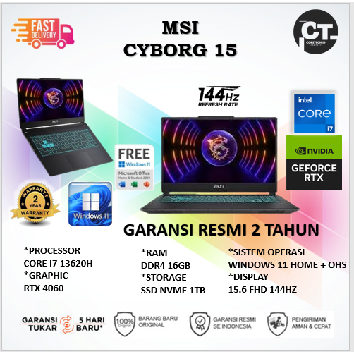 MSI CYBORG 15 I7 13620H RTX4060 8GB/ 16GB 1TB GARANSI RESMI