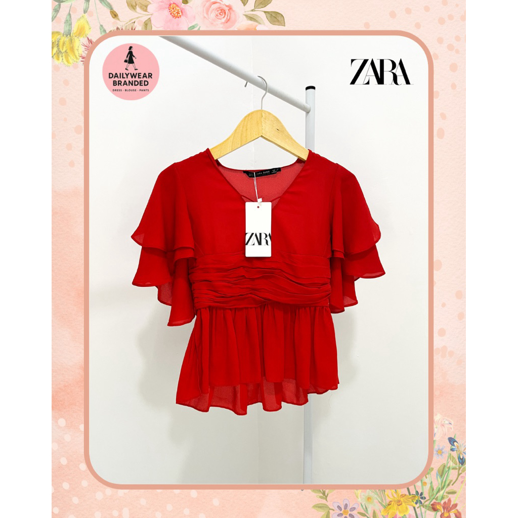 ZARA BASIC ORIGINAL FRILLY RUFFLE SLEEVES BLOUSE RED MERAH ATASAN MEWAH