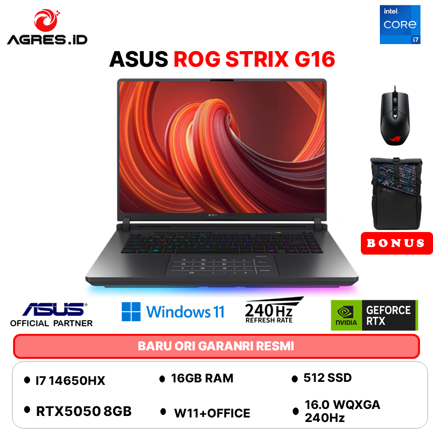ASUS ROG STRIX G16 G615JHR I7 14650HX RTX5050 8GB/ 16GB 512GB W11+OHS+M365B 16.OWQXGA 240HZ GRY