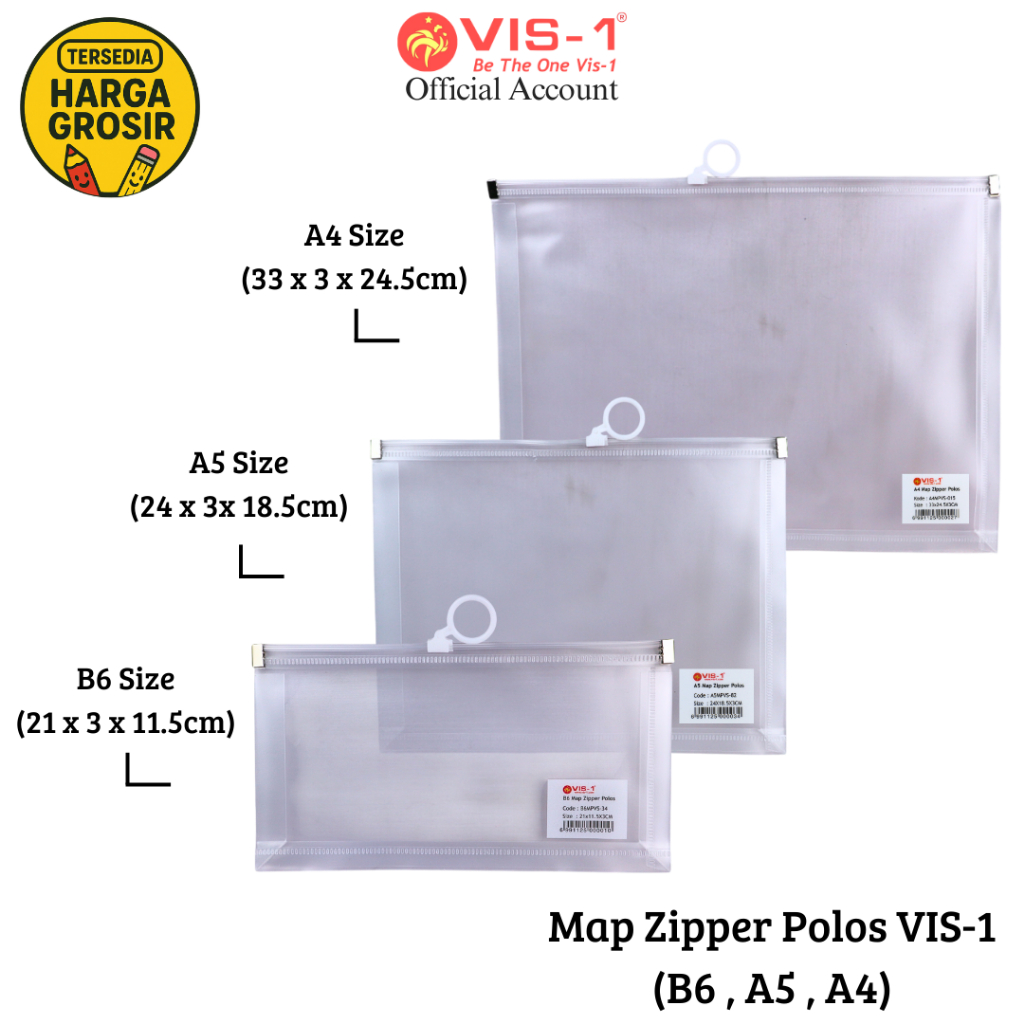 

VIS-1 - Pocket File Transparan Polos - 3 Ukuran - Map Zipper Transparan Polos
