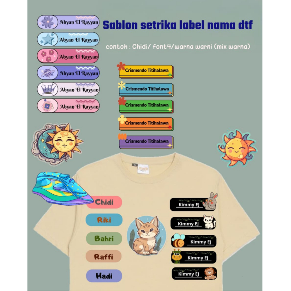 

Sablon setrika stiker label nama dtf custom label nama anak FREE CUSTOM NAMA stiker DIY kaos STIKER LABLE