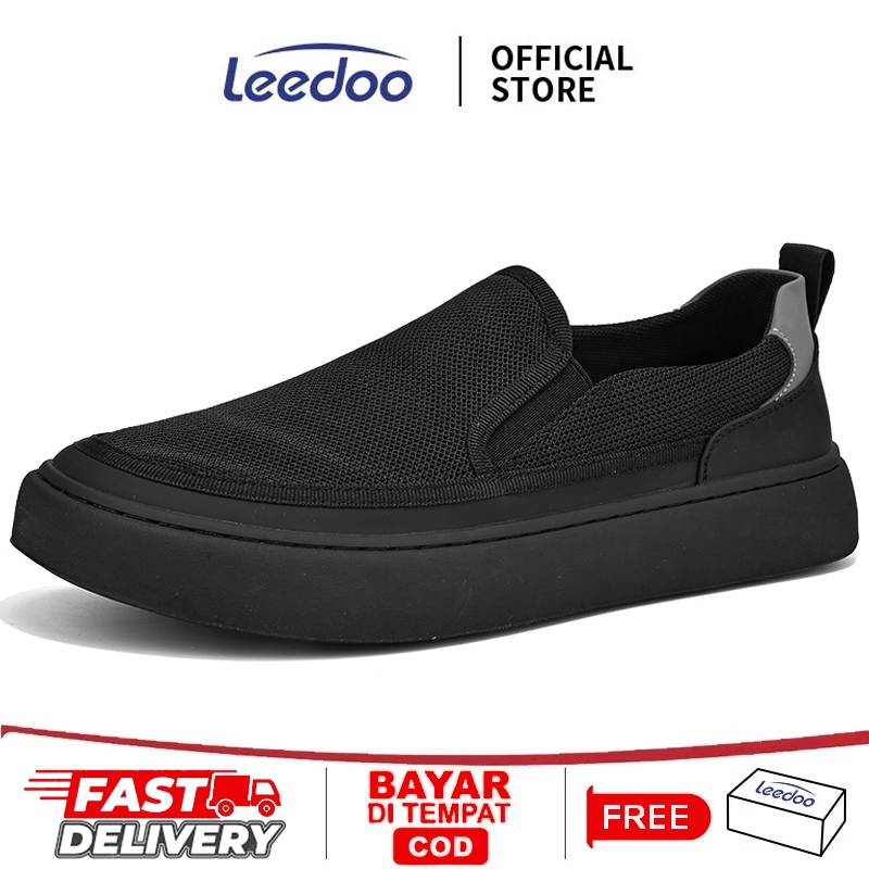 Leedoo Sepatu Slip On Pria Sneakers Cowok Causal Kekinian Fashion Sepatu Hitam MC205