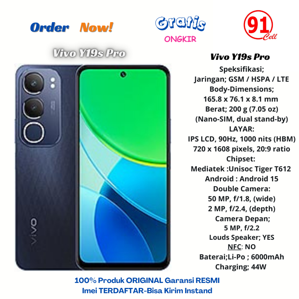 Vivo Y19s Pro 4G Original Ram4/64Gb - Ram4/128Gb & Ram6/128Gb Garansi Resmi