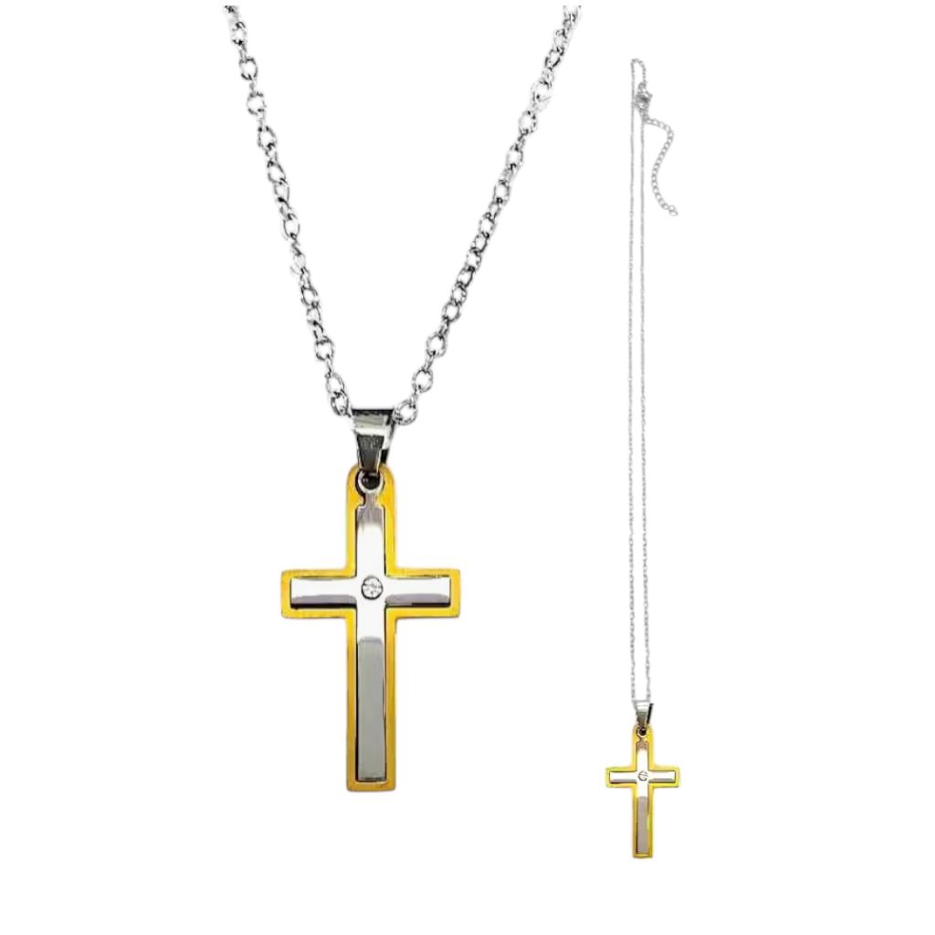 Kalung Salib Polos Silver Lis Gold Mata 3.3cm P35/9 - Kalung Salib - Liontin Salib - Kalung Salib Ti