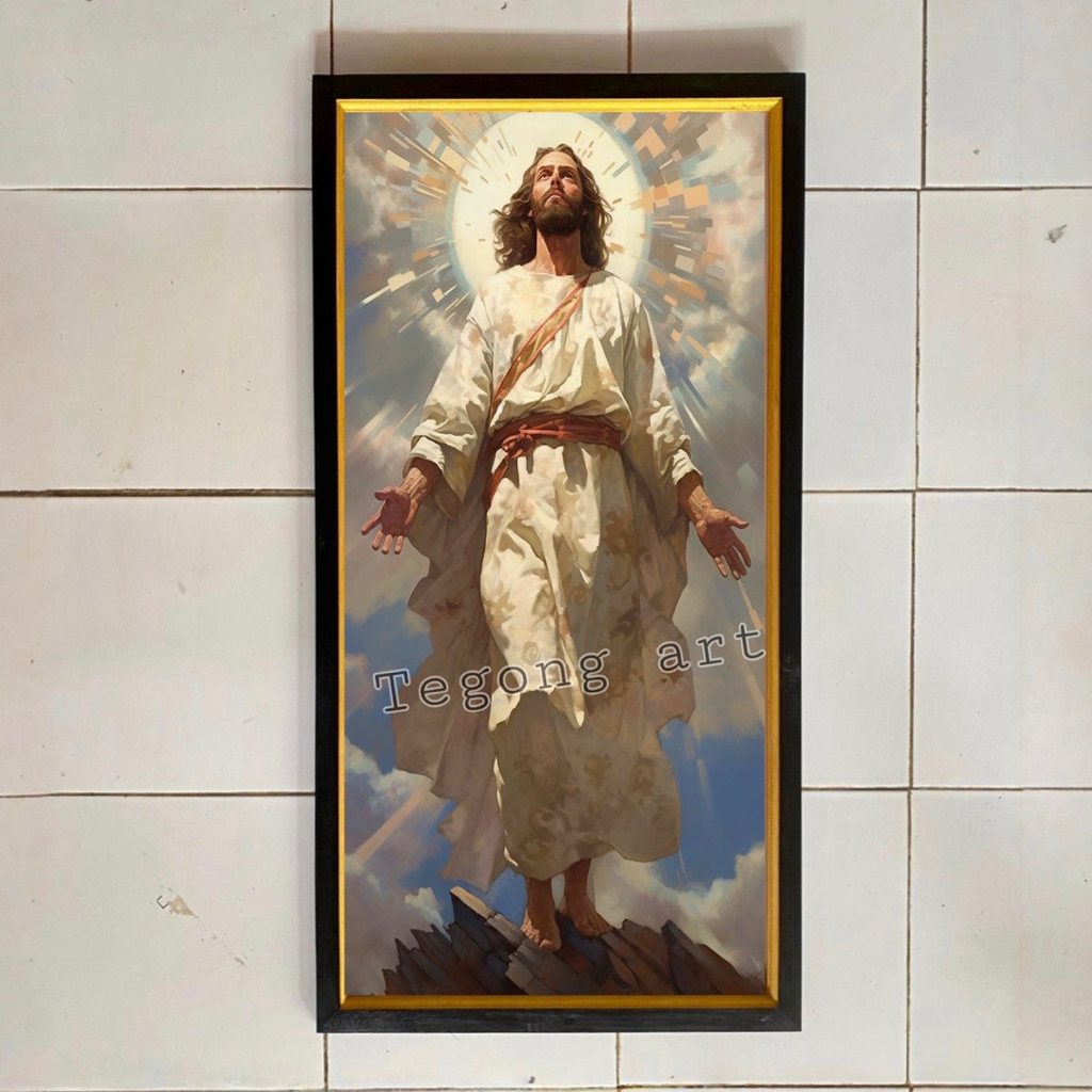 hiasan dinding lukisan cetak gambar Tuhan Yesus plus bingkai ukuran 100 x 50 cm