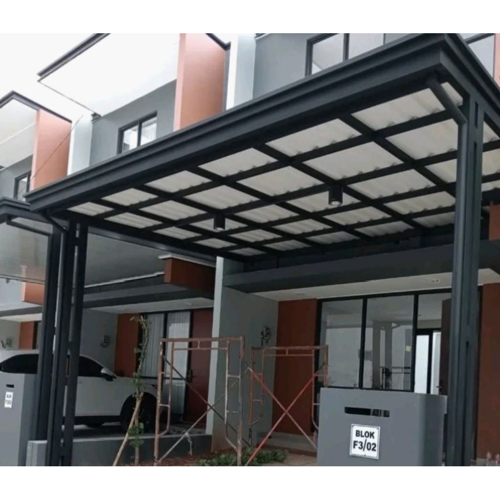 kanopi rangka pake besi  holo 50x100  atap alderon