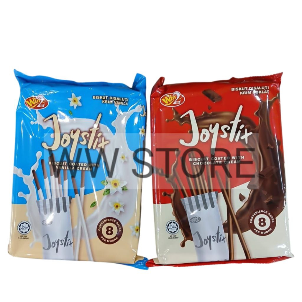 

Biskuit salut krim rasa coklat cokelat vanila halal MUI Win2 Win 2 Joystix Biscuit Coated With Vanilla / Chocolate Cream 160g ( 8x20g )