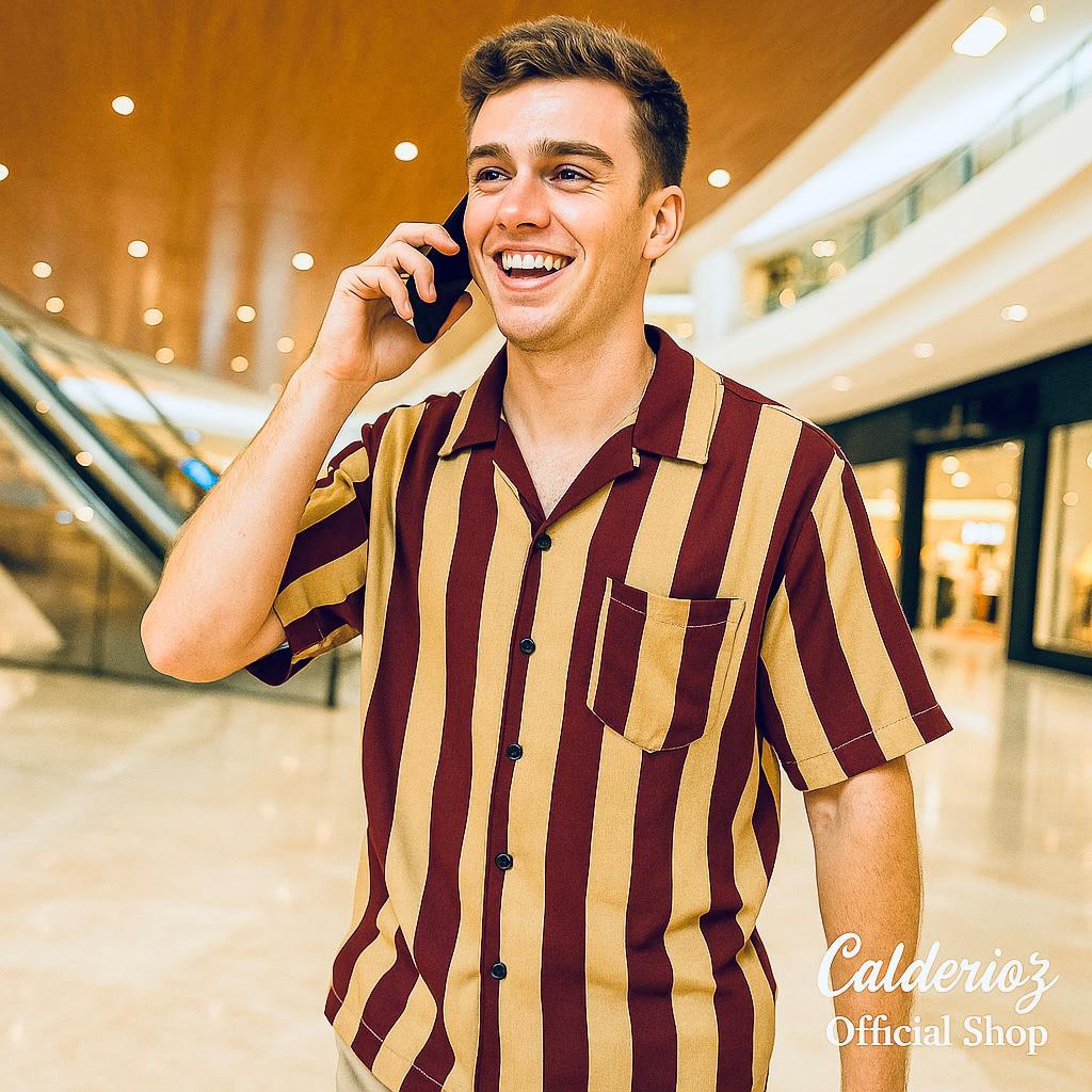 Calderioz - Kemeja Casual Salur Cream Maroon Lengan Pendek Pria Wanita Outfit Summer Santai