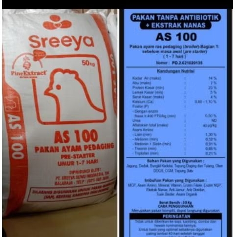 PUR SREEYA AS 100 PROTEIN 23% | pakan bibit ayam pedaging bebek pedaging / DOC