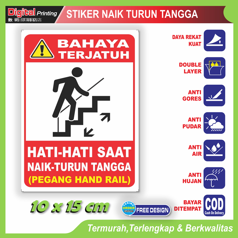 

Stiker tulisan naik turun tangga hati hati bahaya terjatuh sticker keselamatan kerja dinding dll