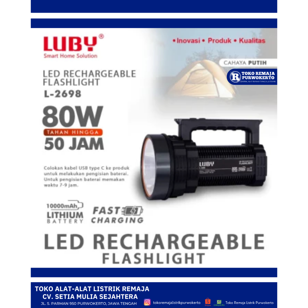 Senter Tenteng 80 Watt L- 2698 Cahaya Putih Tahan Hingga 50 Jam Luby SNI